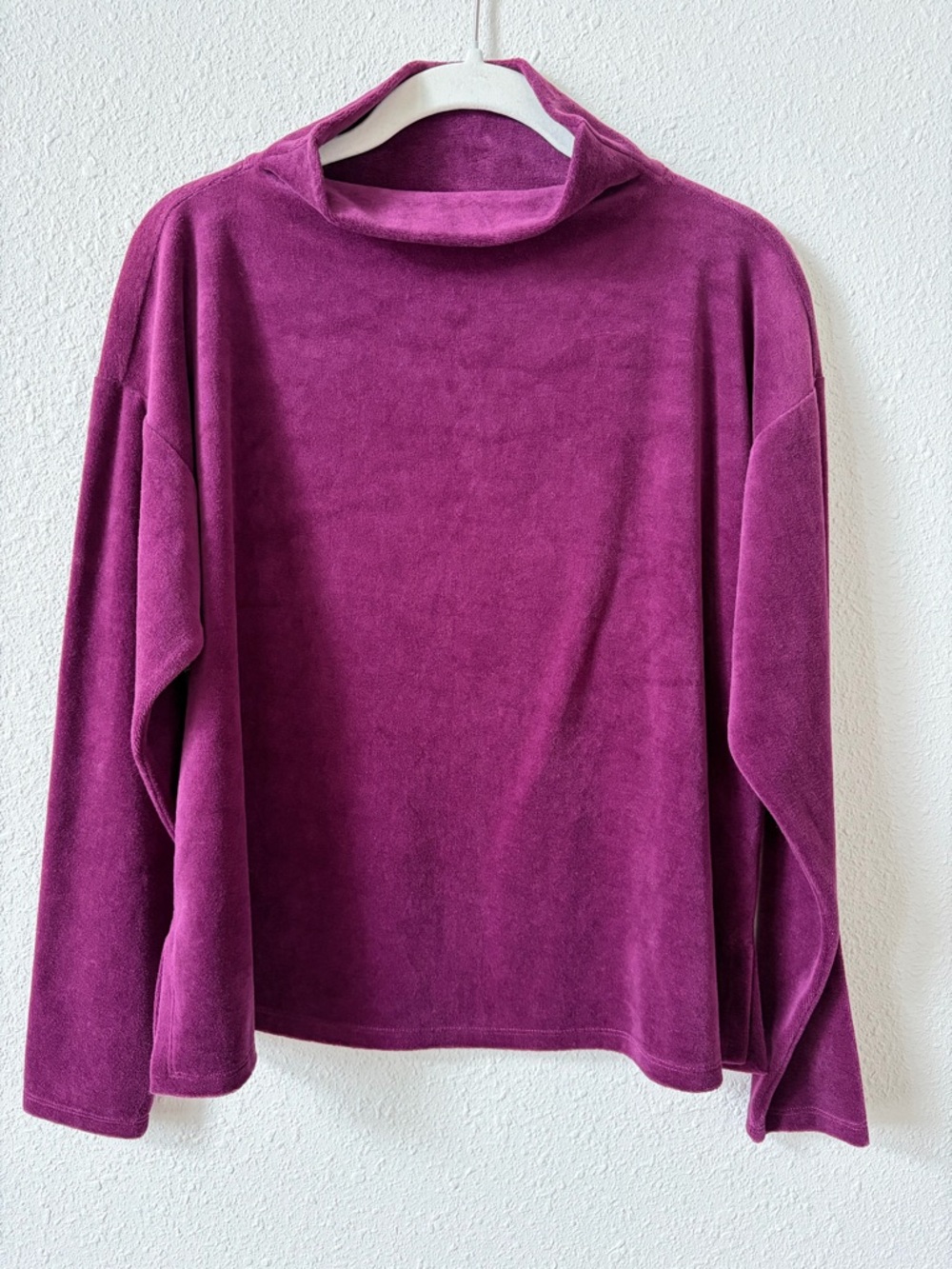 Eileen Fisher Cotton Velour Funnel Neck Box Top Purple Size PP Oversized Comfy